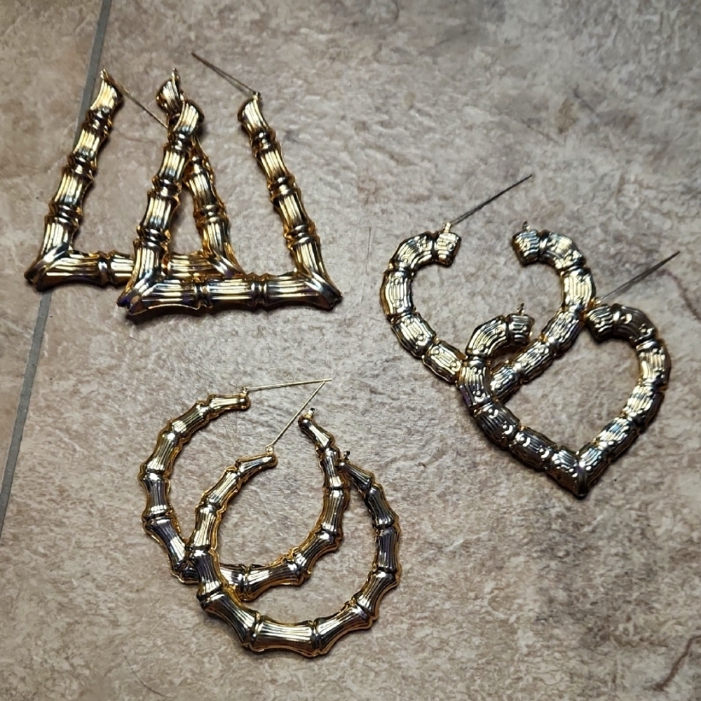 Gold Bamboo Hoop Earrings Set